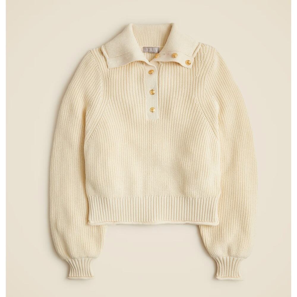 J.Crew Ribbed Cotton Gold Button Collar Sweater Preppy Classic Cream Large NWT